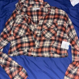 Arizona Red, Black and Cream Cropped Plaid Button Shirt